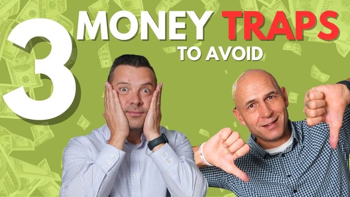 Two men gesturing with concern and disapproval against a backdrop of cash and the text '3 Biggest Financial Traps to Avoid This Year'.