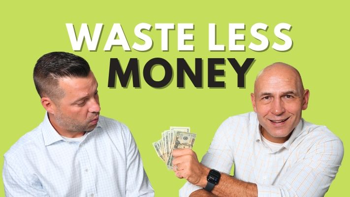 Two men with cash in hand, promoting financial savings with a "Waste Less Money in Retirement" slogan.