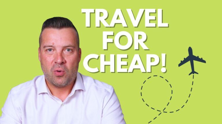Man discussing fixed income travel with the text "travel for cheap!" and airplane graphic on green background.